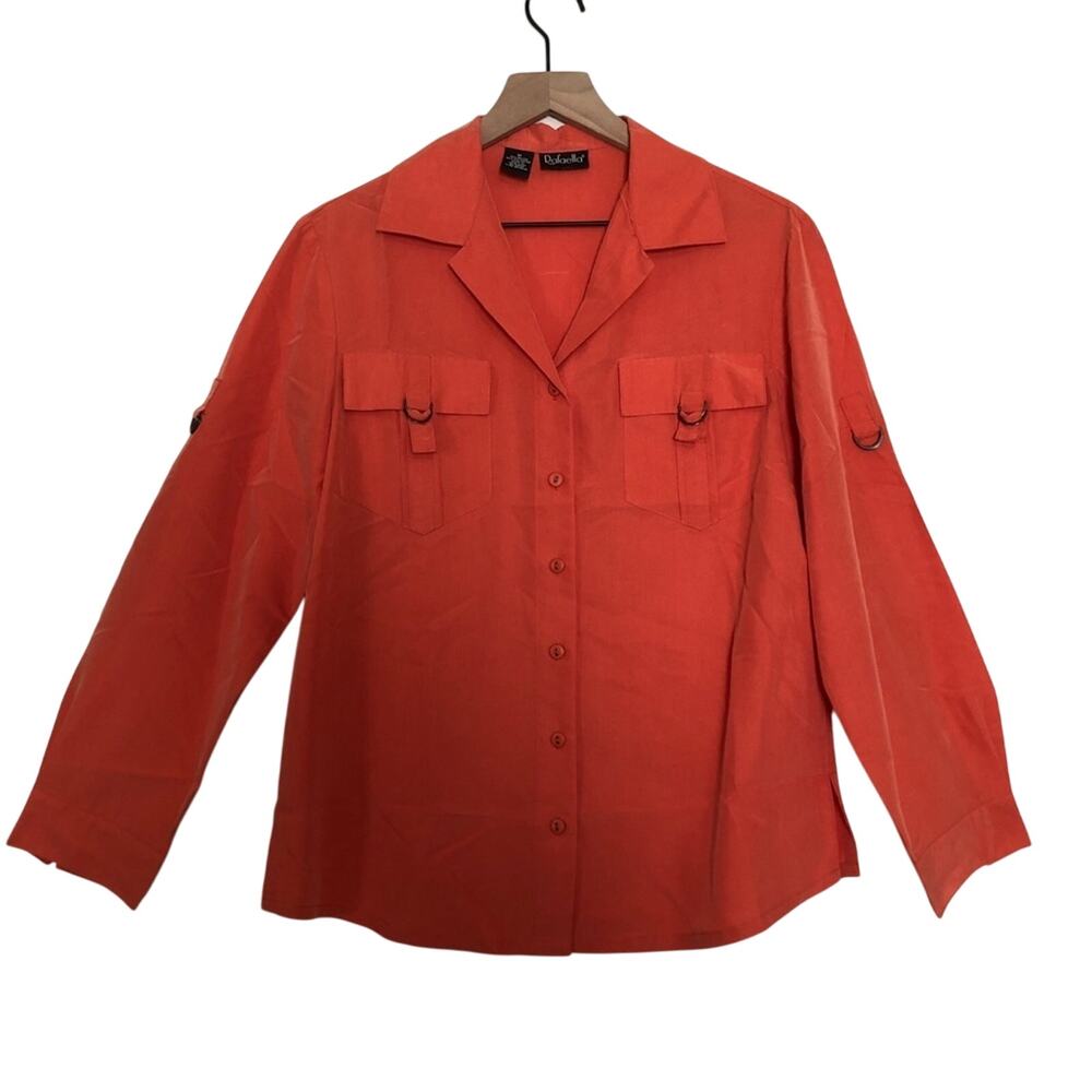 Rafaella Orange Button Up Front Long Sleeve Chest Pockets Shirt Blouse Top